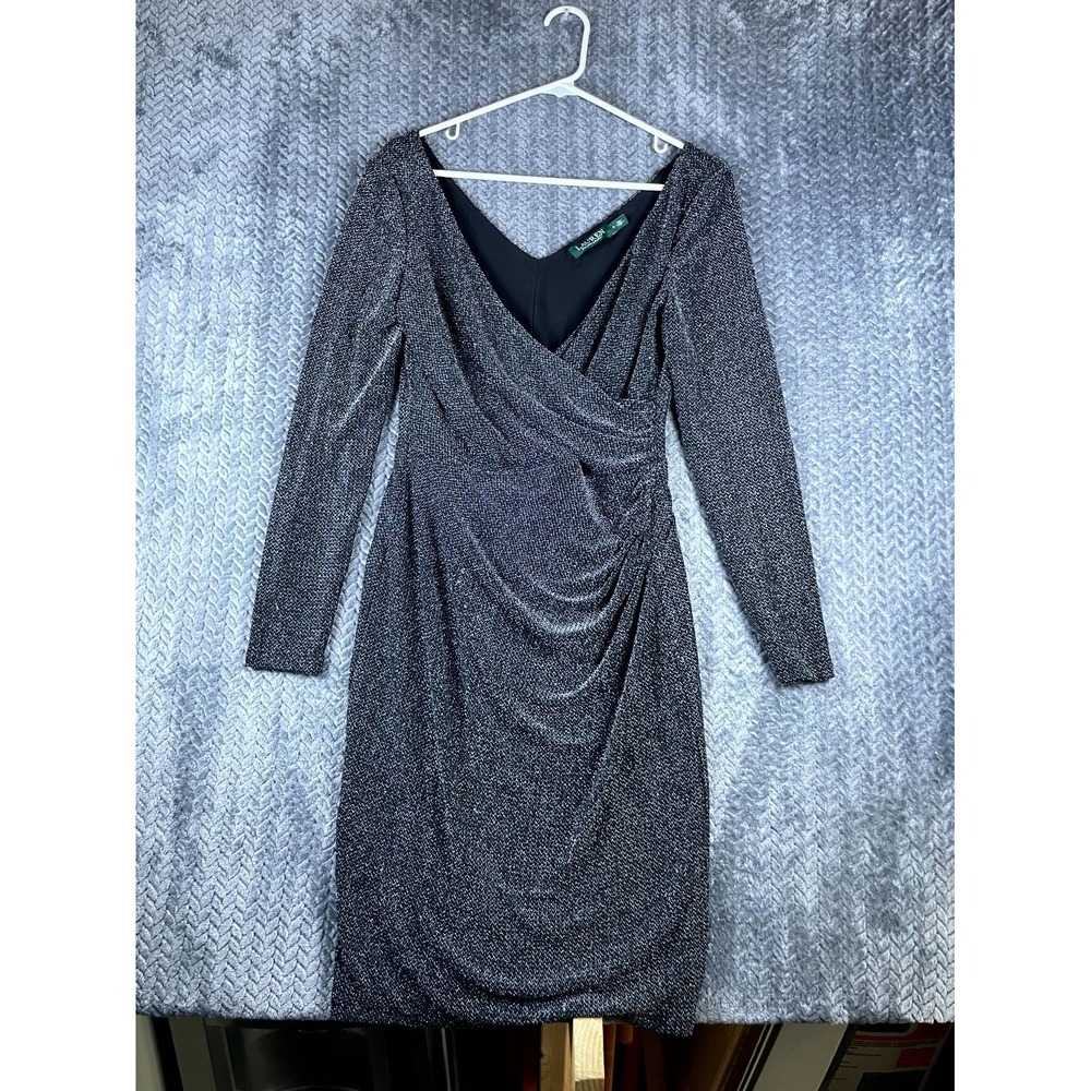 Lauren Ralph Lauren Gray Ruched Surplice Sheath Dress 8 Metallic Long Sleeve